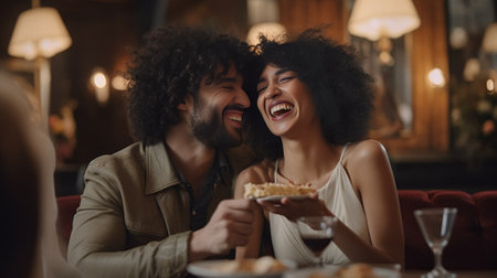 Celebrating St Valentines Day Joyful brunette woman laughs as looks at inflatable man found boyfriend to date have romance in night restaurant celebrate anniversary of da : Generative AIの素材