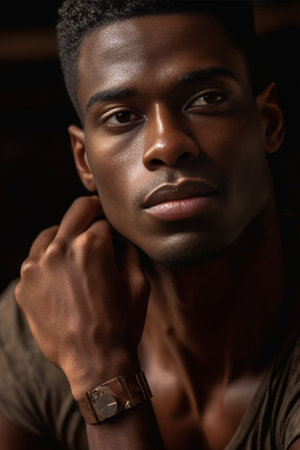 Beauty and skin care Highlydetailed close up portrait of goodlooking darkskinned young man with clean healthy glowing skin looking at camera with serious confident expres : Generative AIの素材