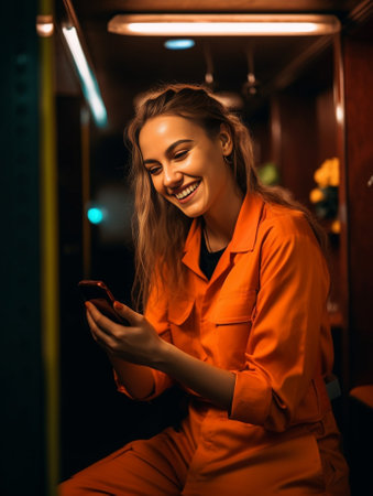 Carefree pleased female student uses mobile phone for online distant education looks gladfully aside and smiles broadly browses through internet during free time checks m : Generative AIの素材