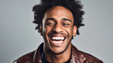 Carefree joyful handsome Afro American man with bushy hairstyle and bristle having shining eyes opening his mouth with joy bursting into laughing Positive human expressio : Generative AIの素材
