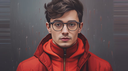 Displeased unshaven thoughtful guy keeps arms folded and looks away pensively being dissatisfied with something expresses his dicontent wears round glasses casual red jum : Generative AIの素材