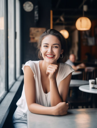 Cute young Caucasian brunette female with loose hairstyle resting hands on table while enjoying her dayoff relaxing at cafe during coffee break waiting for friend looking : Generative AIの素材