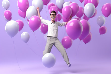 Depressed angry man yells with negative emotions has spoiled party shouts at noisy guests holds inflated balloon wears vivid clothes big eyewear opens mouth widely isolat : Generative AIの素材