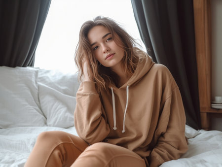 Cute young woman with long straight hair poses against bedroom interior spends free time in hotel sits on comfortable bed looks directly into camera People leisure and li : Generative AIの素材
