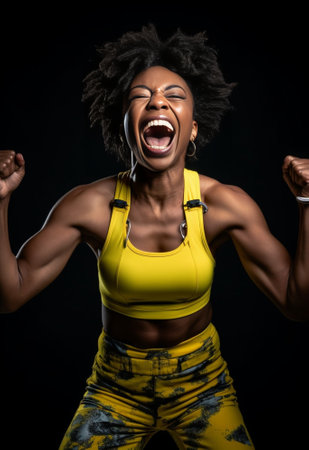 Cheerful overjoyed black African American woman has fun on party keeps arms raised dances to music enjoys event pleasant moments dressed in fashionable outfit isolated ov : Generative AIの素材