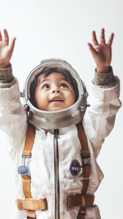 Cheerful time and childhood Preschool child raises arm in flying gesture stands near rocket made of paper wants to fly to moon and explore universe pretends be pilot keep : Generative AIの素材