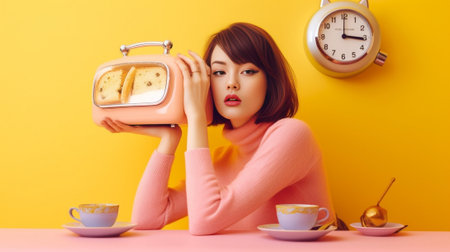 Clueless indecisive female model looks in bewilderment shruggs shoulders surrounded with papers modern gadgets alarm clock demonstrates she is short of time to prepare pr : Generative AIの素材