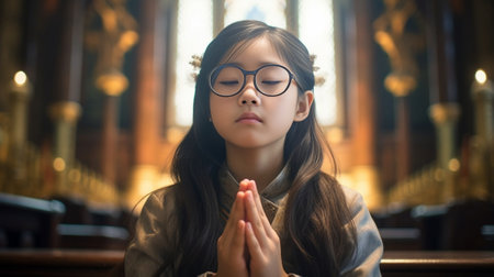 Glad supertitious young girl in spectacles crosses fingers prays before important occasion wishes luck hopes in victory and ambition wishful thinking Feeling hopeful Wait : Generative AIの素材