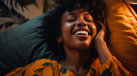 Cheerful overjoyed curly haired African American woman laughs happily being entertained dressed in nightwear blindfold on forehead poses against white cloud feels refresh : Generative AIの素材