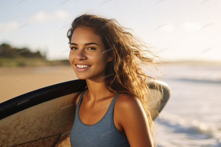 Headshot of cheerful young tourist learn how to surf poses against sea shore background has pleased expression shows white teeth satisfied with ride on waves Protection f : Generative AIの素材