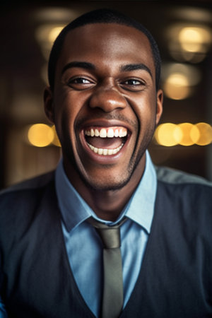 Headshot of happy African American male with positive smile smiles as hears funny anecdote Young self confident mixed race businessman satisfied to start business career  : Generative AIの素材