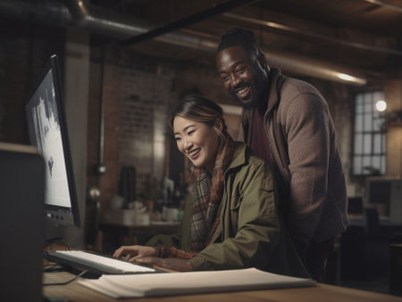 Happy male with thick beard dressed in fashionable clothes and his dark skinned female partner discuss general details of business startup have friendly conversation in o : Generative AIの素材