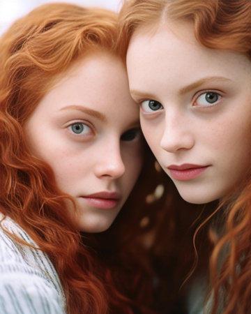 Ginger family Redhead beautiful sisters with freckled skin gentle smiles look at each other cant decide who should tell secret to parents first wear white casual clothes  : Generative AIの素材