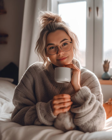 Headshot of cute student girl wearing grey turtleneck sweater and stylish eyeglasses smiling broadly having carefree and relaxed look while resting at home after morning  : Generative AIの素材