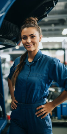 Horizontal shot of beautiful excited young woman mechanic opening mouth and keeping arms folded expressing delight and excitement while receiving feedback on her work fro : Generative AIの素材