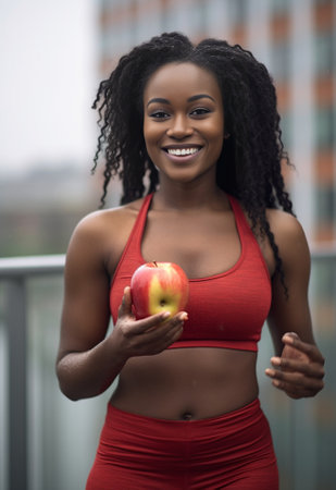 Headshot of pretty dark skinned woman smiles gently wears sleepmask on forehead holds avocado halves being in good mood at morning wears casual pajama has natural beauty  : Generative AIの素材