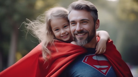 Horizontal shot of powerful man makes fly gesture gives piggyback to small daughter dressed in superhero suit have supernatural abilities enjoy free time together Real he : Generative AIの素材