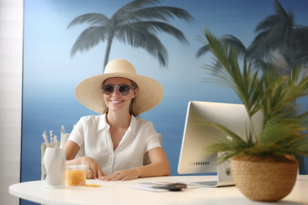 Happy relaxed female tourist dressed in summer blouse and hat stretches hand in foreground sits at cozy bar alone with cocktail or fresh fruit beverage Adorable satisfied : Generative AIの素材