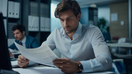 Hesitant male entrepreneur shrugs shoulders holds paper documents discusses solution for business projecting with female colleague who holds paper cup of coffee Partnersh : Generative AIの素材