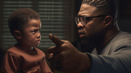 Irritated African American male child clenches fists and his annoyed father watch football match and gesture actively as their team lose isolated on pink background Negat : Generative AIの素材