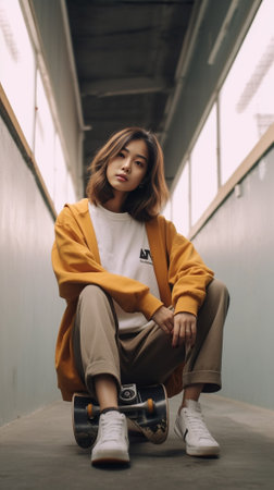 Happy teenage girl sits crossed legs on longboard rests after riding smiles joyfully poses in urban setting during daytime against blurred background Youth lifestyle and  : Generative AIの素材