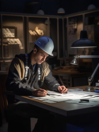 Focused serious hardworking engineer busy working on big architectural project late at night sitting at his workspace using digital tablet pc People job occupation and pr : Generative AIの素材