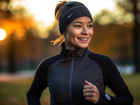 Horizontal shot of sporty woman looks at smartwatch screen checks results of fitness training how much calories she burned listens music via headphones dressed in casual  : Generative AIの素材