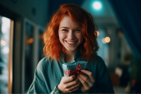 Headshot of attractive young red haired female with hair knot has pleased look dressed in casual blue sweater going to meet with best friend after work isolated over conc : Generative AIの素材