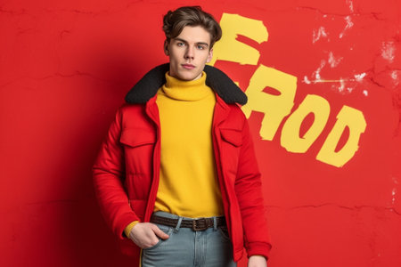 Isolated shot of unhappy guy purses lips has dark bristle wears red sweater carries textbook points with thumb aside shows free space for your advertisement or promotiona : Generative AIの素材