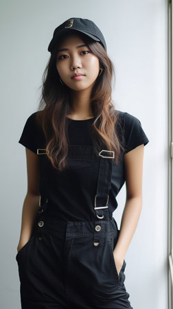 Isolated shot of fashionable pretty female teenager looks aside with dreamy expression shows tongue wears trendy black cap and overalls contemplates about someting pleasa : Generative AIの素材