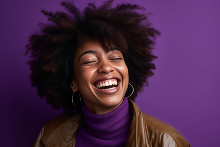 People pride arrogance concept Self assured proud woman has Afro hairstyle satisfied with own high achievements feels confident keeps head raised being like hero isolated : Generative AIの素材