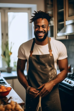 Housekeeping and daily domestic routines concept Confused black man in apron spreads hand in puzzlement faces dilemma reproaches of too much work about house has frustrat : Generative AIの素材