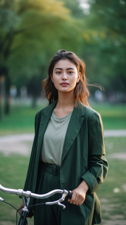 Photo of serious hipster girl with hair buns blue eyeliner dressed in formal dark green jacket looks directly at camera walks outdoors poses against blurred background li : Generative AIの素材