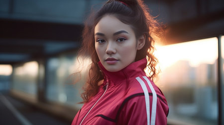 Horizontal shot of beautiful young woman has pigtail dressed in red jacket poses against blurred background in urban settings going to have outdoor workout has thoughtful : Generative AIの素材