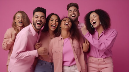 Isolated shot of multiethnic group of people express positive emotions have pleasant smile on faces gesture actively being very emotional recieve good news pose against p : Generative AIの素材