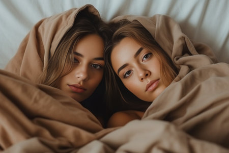 Man and woman under blanket dissatisfied woman has headache in morning doesnt want to wake up and go for work Smiling attractive man feels comfort at bedroom looks on you : Generative AIの素材