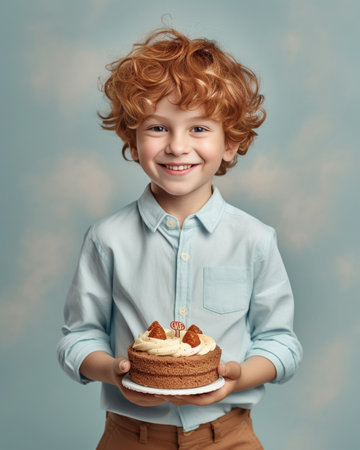 Plump funny redhead young Caucasian male with curly hair biting large of chocolate with pleased joyful look keeping his eyes closed enjoying its sweet taste after week of : Generative AIの素材