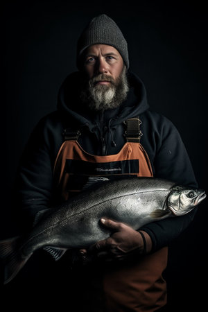 Look what Ive caught Studio portrait of grumpy serious young fisherman with beard holding two freshwater fish in both hands after deep sea fishing demonstrating fine catc : Generative AIの素材