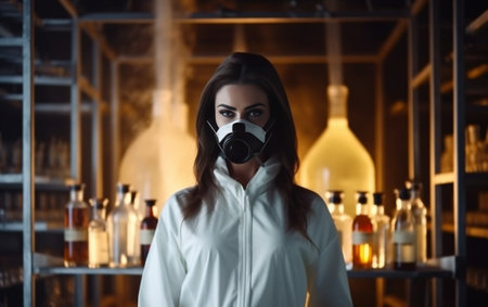 Photo of production new kind of cosmetics by professional researcher Young scientist standing isolated over factory background dressed in gown and black gloves holding bo : Generative AIの素材