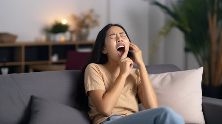 Indoor shot of dreamy Asian woman licks lips imagines something while listening favorite music uses modern technologies spends spare time on enjoying new plylist poses ag : Generative AIの素材