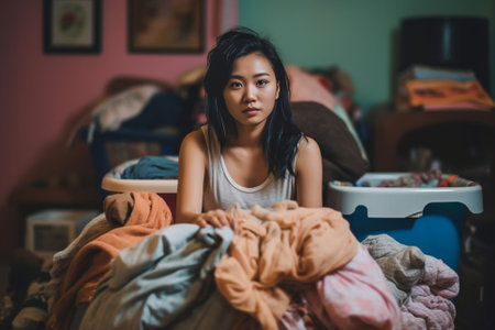 Puzzled Asian housekeeper tries to keeps home bright and clean shocked how much dust is in room looks at dirty sponge does household chores poses near basket full of laun : Generative AIの素材