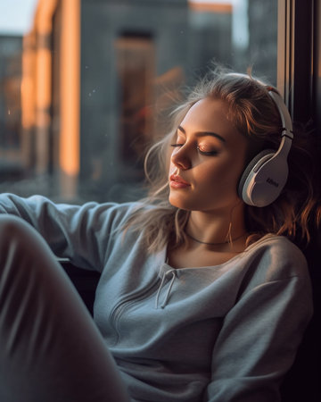 Relaxed sporty woman keeps hands behind head daydreams about something dressed in sportswear feels tired after workout listens favorite music via wireless headphones pose : Generative AIの素材