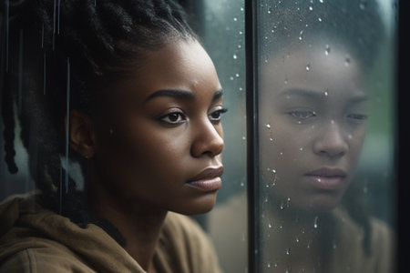 Photo of thoughtful dark skinned girl wears white casual t shirt stands near window indoor during rainy day has pensive look aside enjoys leisure time Horizontal view of  : Generative AIの素材