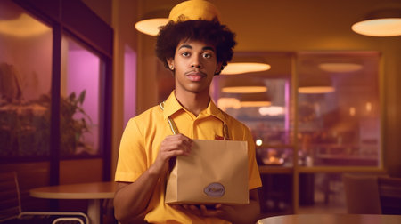 Photo of astonished unshaven young man wears stylish yellow hat striped jumper holds vacuum flask with hot tea shocked with bad news stands against purple background Guy  : Generative AIの素材