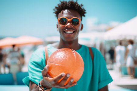 Outdoor shot of stylish young darkskinned European male in headwear and round mirror sunglasses spending leisure time at seaside holding big slice of ripe fresh watermelo : Generative AIの素材
