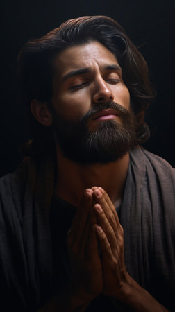 Portrait of handsome bearded male keeps palms together has pleading expression asks for fortune looks upwards with great desire isolated over white conceret background Yo : Generative AIの素材