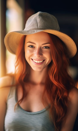 Portrait of happy Caucasian female student spending summer holidays in a big city Hipster teenager with red hair in gray cap and shirt looking and smiling through the win : Generative AIの素材