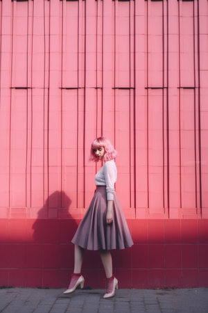 Full length shot of cheerful European young woman smiles happily keeps hands on pleated skirt wears pink bright pantyhose poses over rosy background ready for outdoor wal : Generative AIの素材