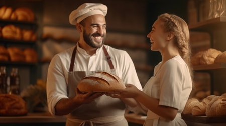 Portrait of happy female model kneads dough with smile stands near male colleague work together Joyful female cook bakes tasty apple pie for special occasion demonstrates : Generative AIの素材