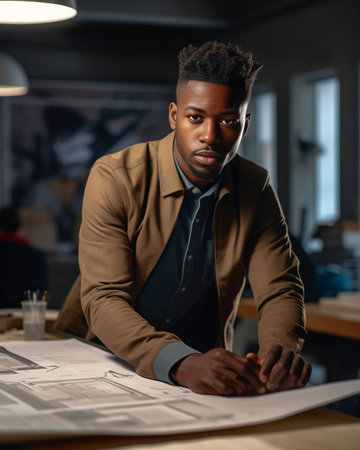 Indoor shot of emotive shocked hesitant dark skinned man spreads palms looks in stupor wears formal clothes holds pen in hand feels astonished does paper work alone poses : Generative AIの素材